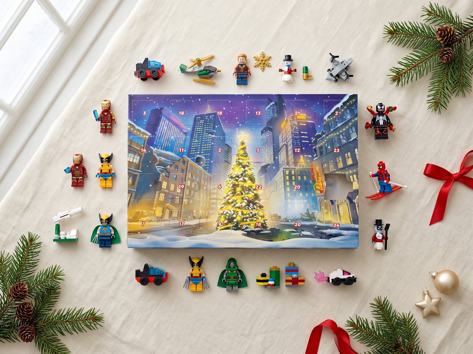 Flat lay of the opened LEGO Marvel Advent Calendar 2026 scene with its minifigures and mini-builds
