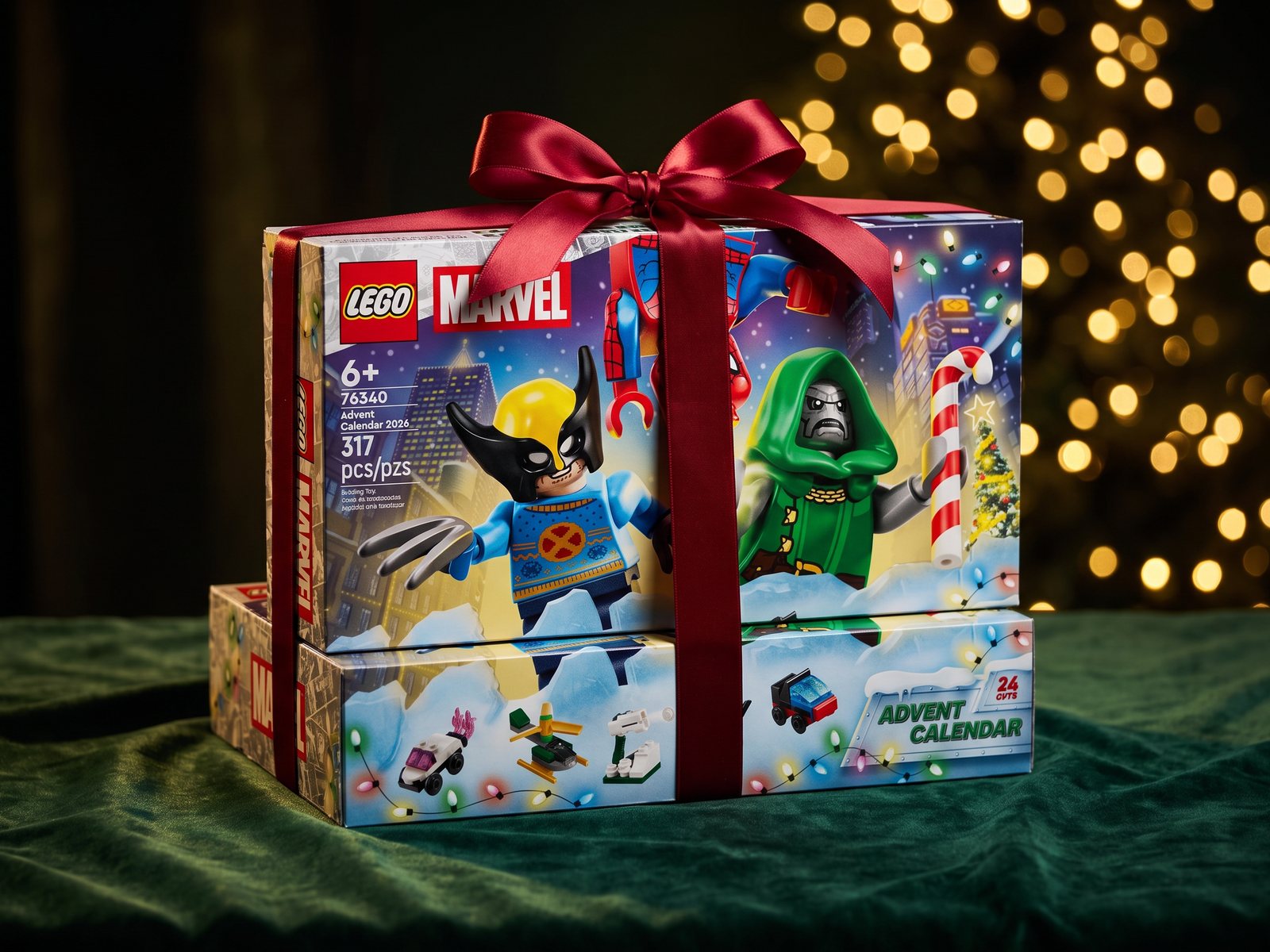 Two LEGO Marvel Advent Calendar 2026 boxes tied with a red ribbon