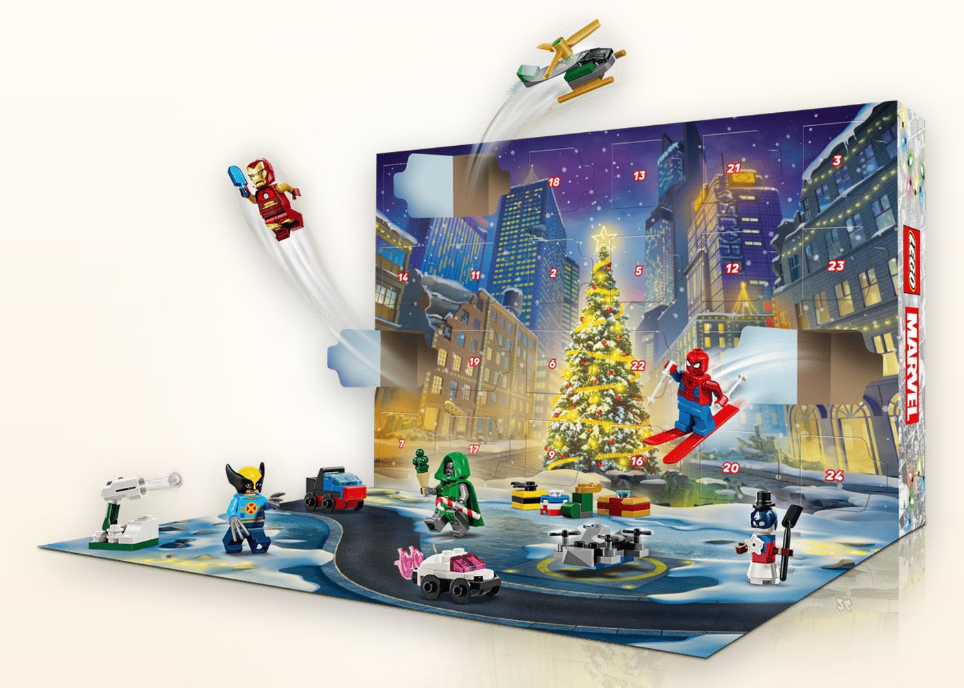 Flat lay of the opened LEGO Marvel Advent Calendar 2026 scene with its minifigures and mini-builds