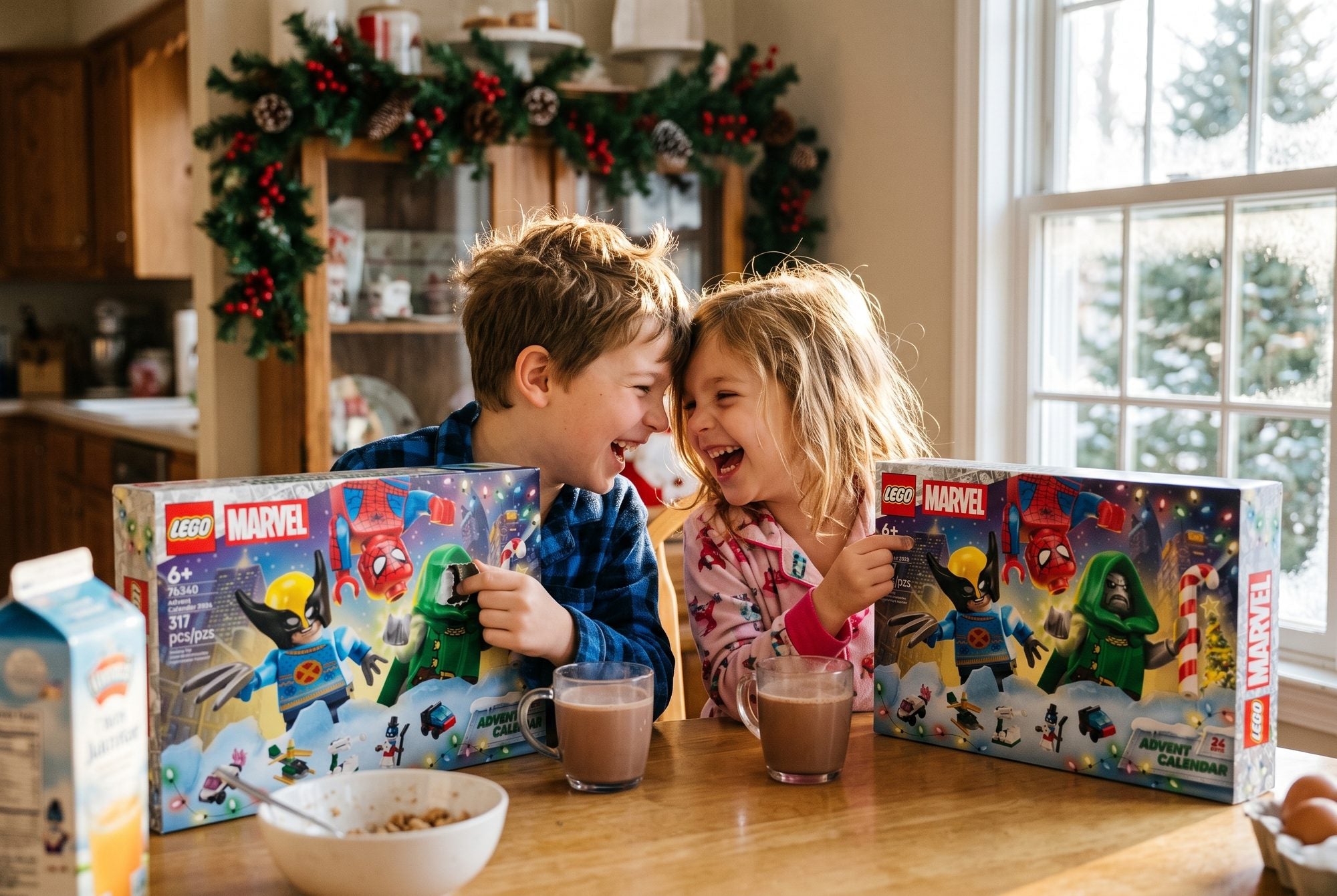 Two kids at the breakfast table, each opening their own LEGO Marvel Advent Calendar